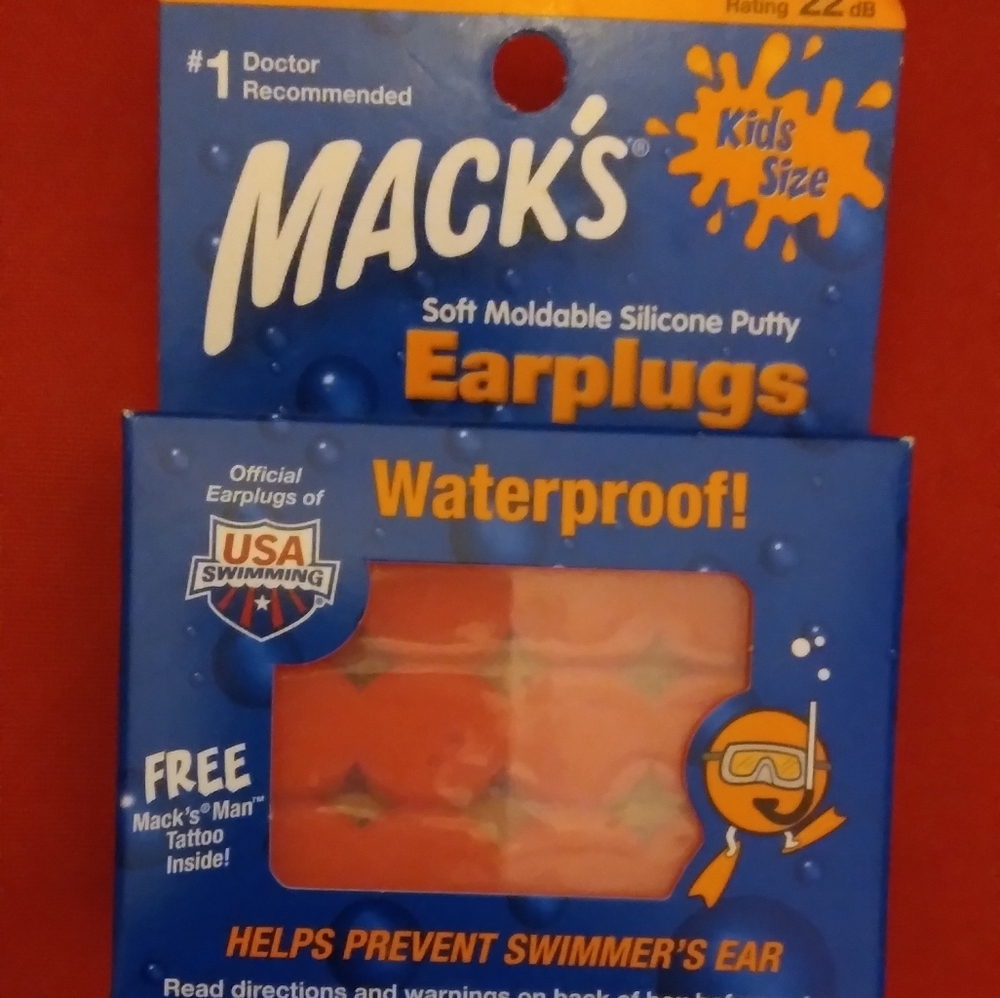 NIB..SIX-PAIR.."MACKS" KIDS SIZE WATERPROOF EARPLUGS...FREE MACK MAN TATTOO
